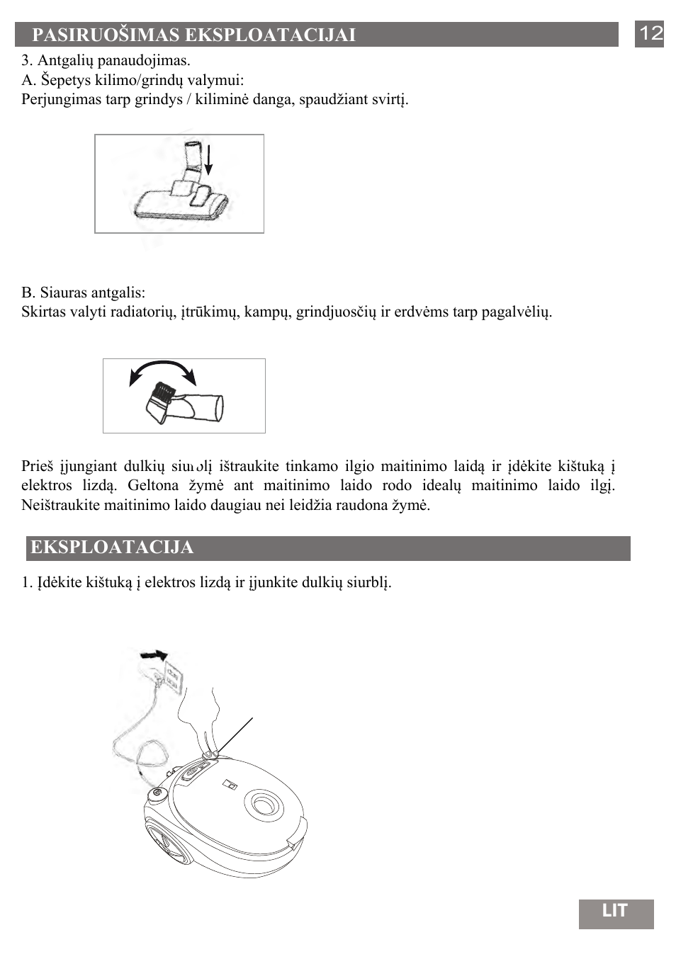 Pasiruošimas eksploatacijai 12, Eksploatacija | Shivaki SVC-1438GLD User Manual | Page 13 / 61