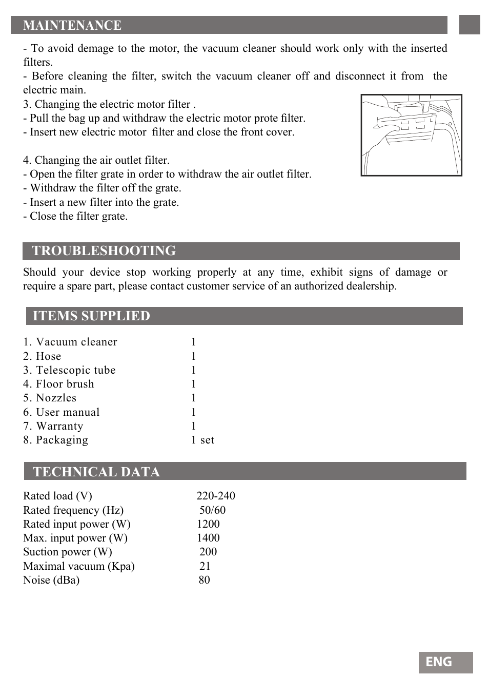 Maintenance 28, Troubleshooting items supplied technical data eng | Shivaki SVC-1438GLD User Manual | Page 29 / 61