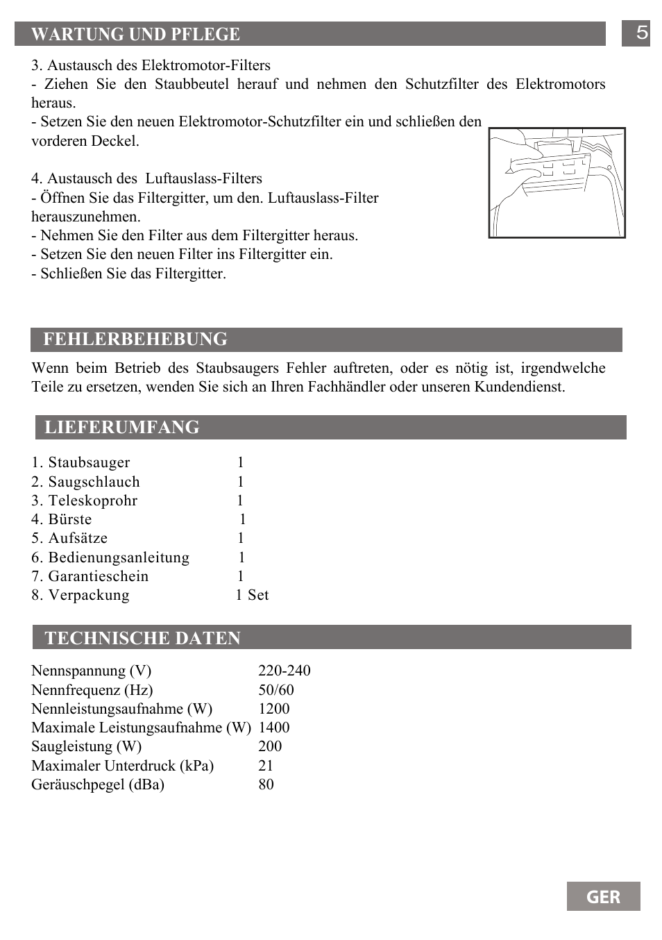 Wartung und pflege 3 5, Fehlerbehebung lieferumfang technische daten ger | Shivaki SVC-1438GLD User Manual | Page 36 / 61