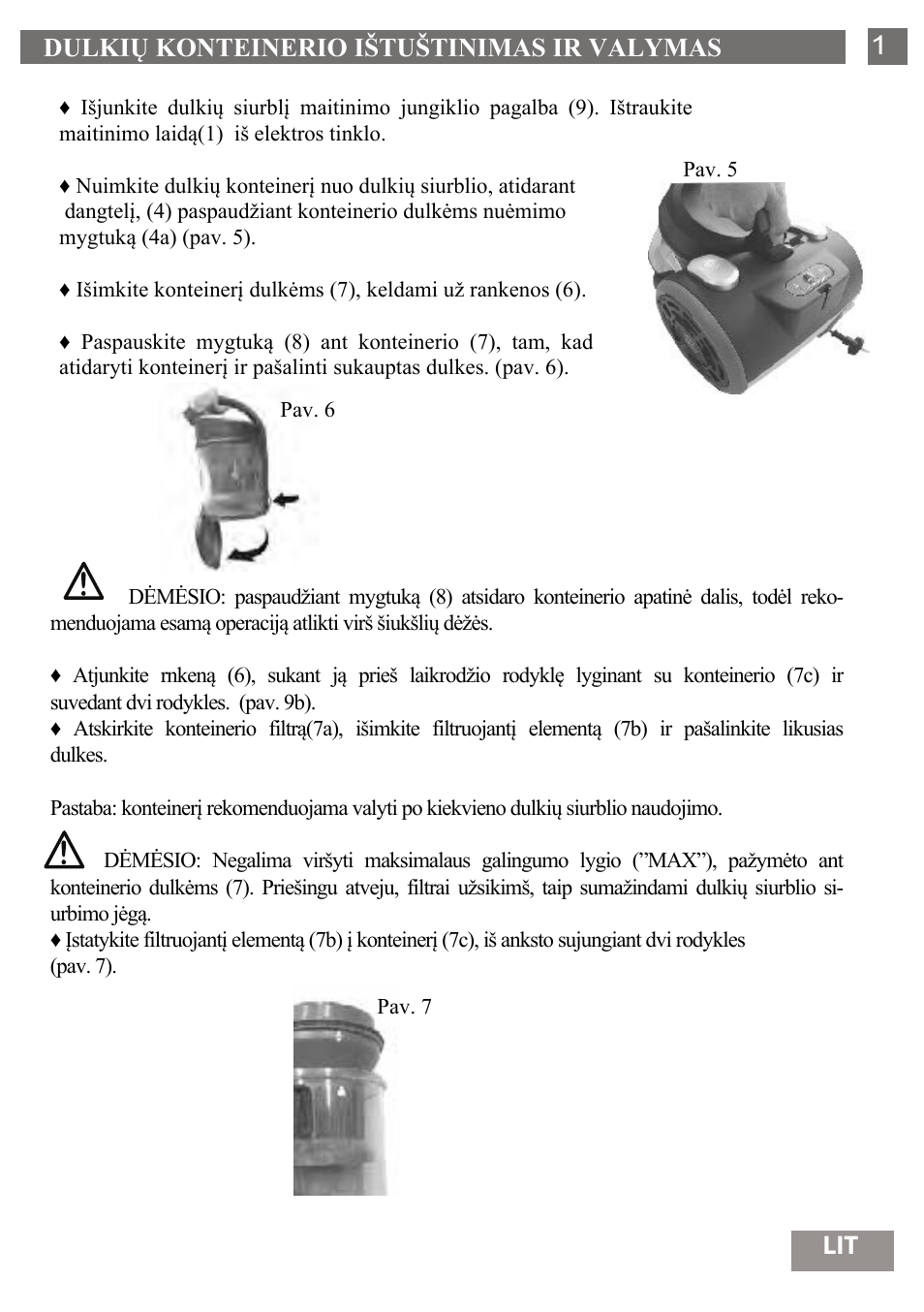 Dulkių konteinerio ištuštinimas ir valymas 13 lit | Shivaki SVC-1736R User Manual | Page 14 / 68