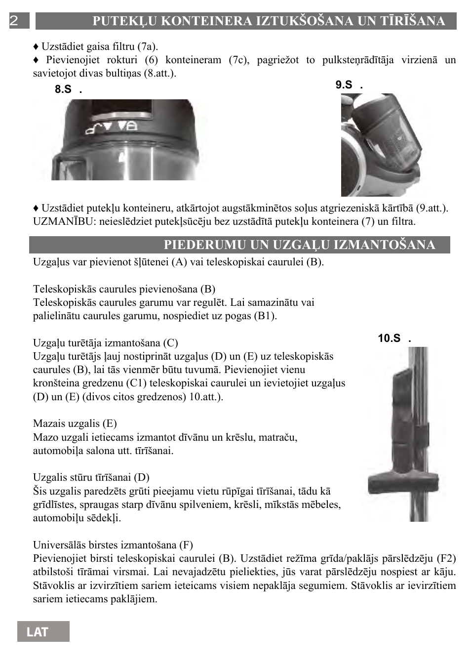 Putekļu konteinera iztukšošana un tīrīšana 22 lat, Piederumu un uzgaļu izmantošana | Shivaki SVC-1736R User Manual | Page 23 / 68