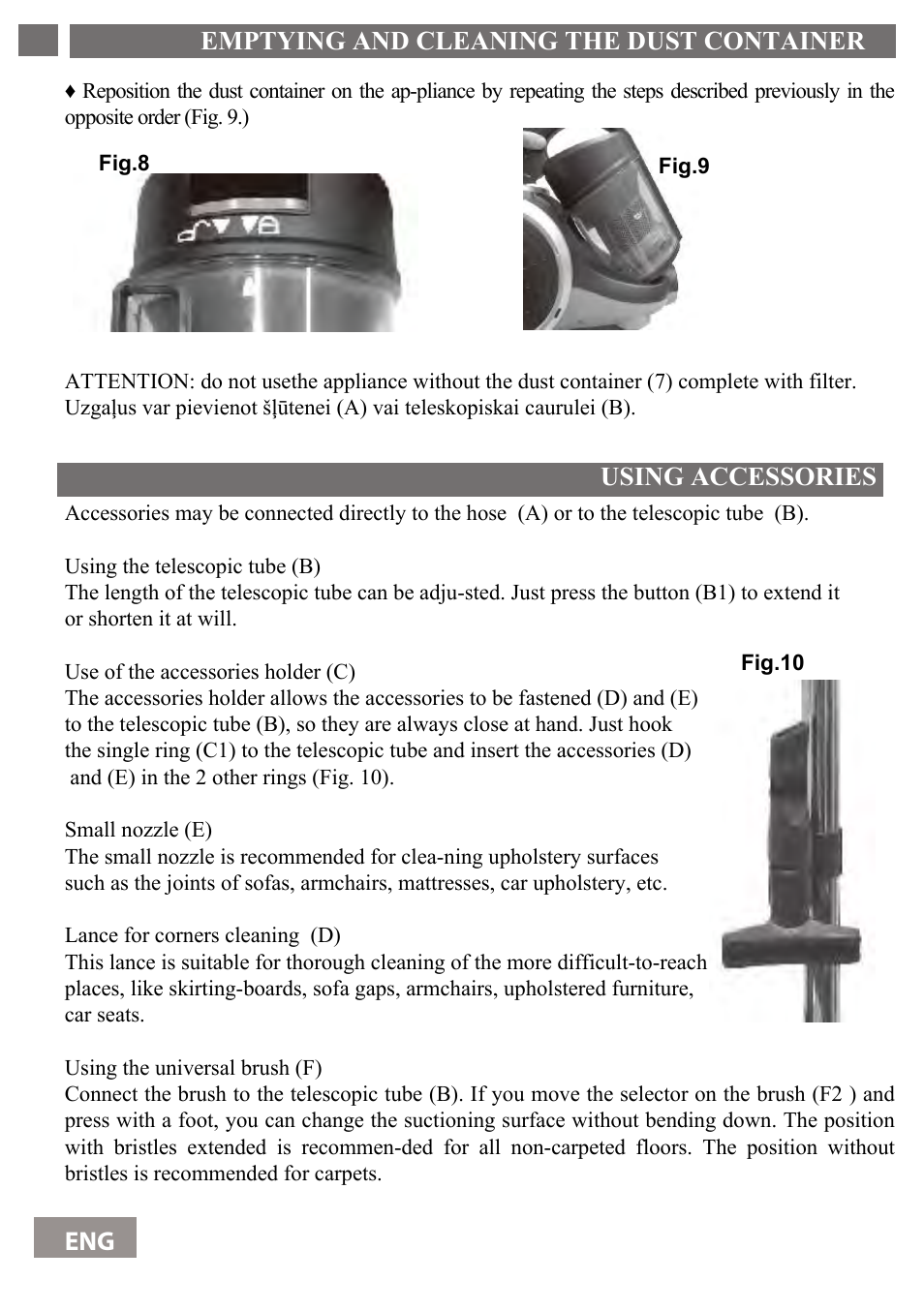 Emptying and cleaning the dust container 30 eng, Using accessories | Shivaki SVC-1736R User Manual | Page 31 / 68