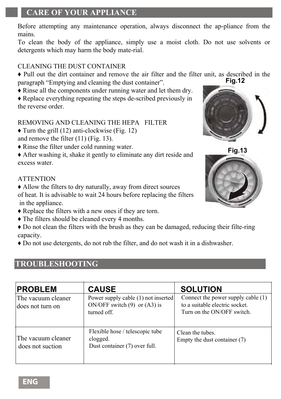 Care of your appliance 32, Troubleshooting problem cause solution | Shivaki SVC-1736R User Manual | Page 33 / 68