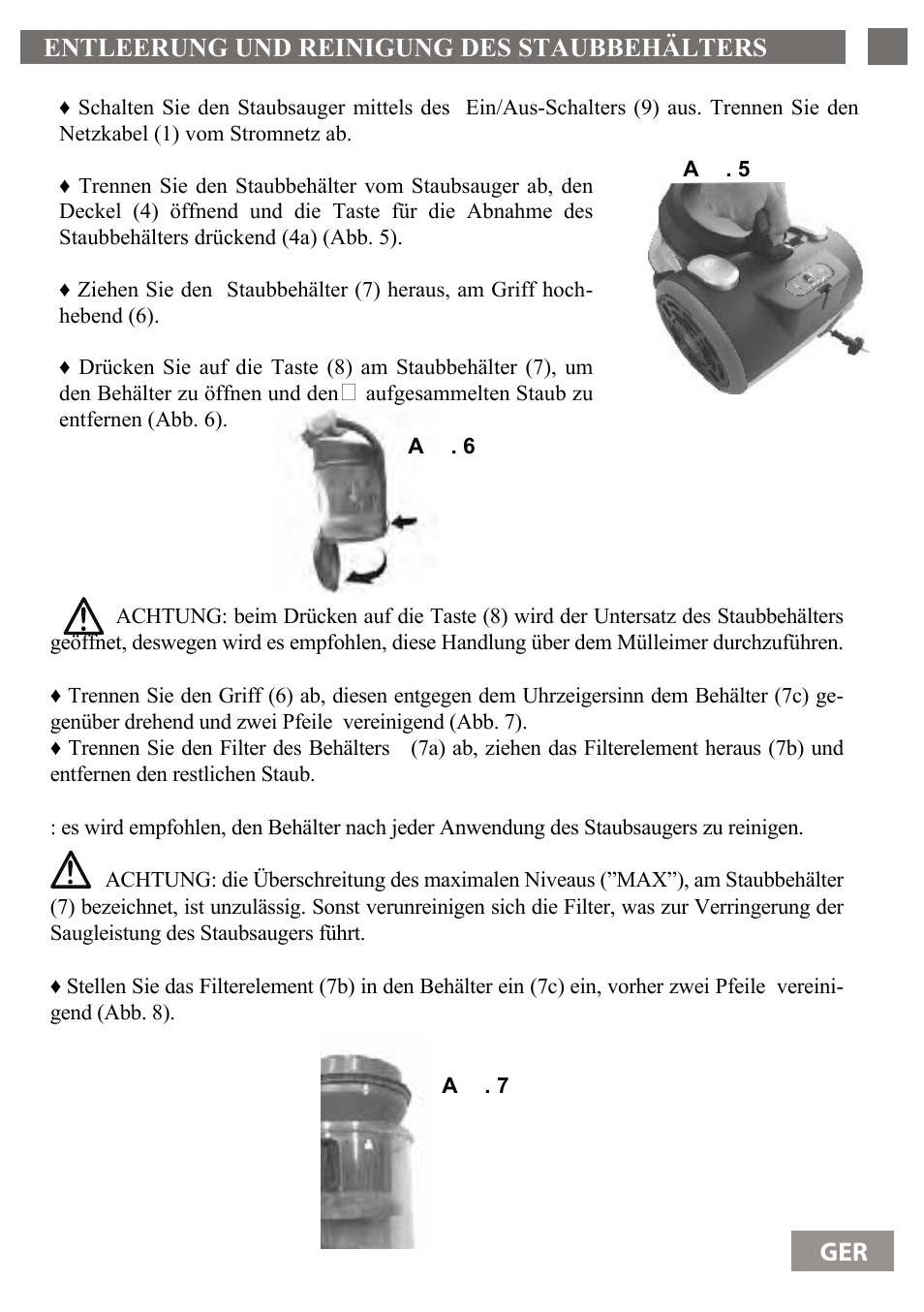 Entleerung und reinigung des staubbehälters 37 ger | Shivaki SVC-1736R User Manual | Page 38 / 68