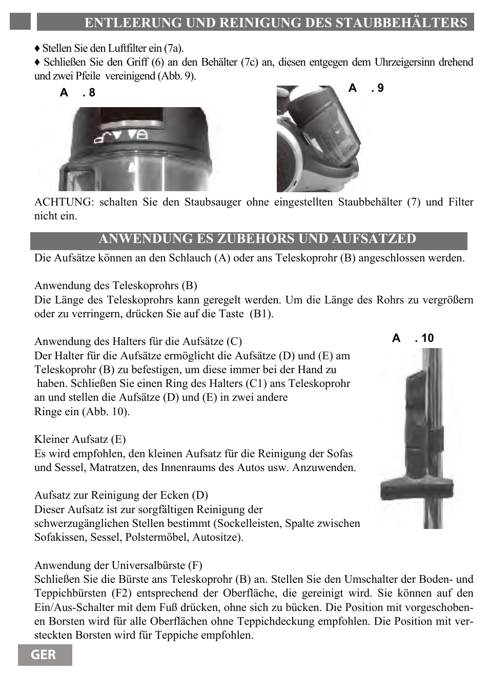 Entleerung und reinigung des staubbehälters 38 ger, Anwendung es zubehörs und aufsätzed | Shivaki SVC-1736R User Manual | Page 39 / 68