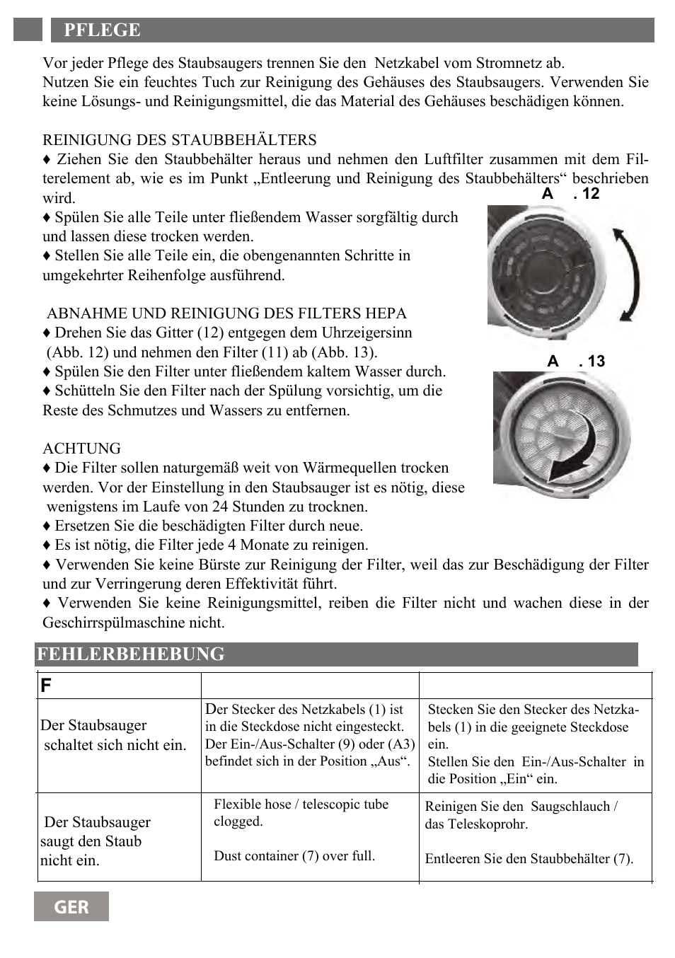 Pflege 40, Fehlerbehebung fehler ursache behebung | Shivaki SVC-1736R User Manual | Page 41 / 68