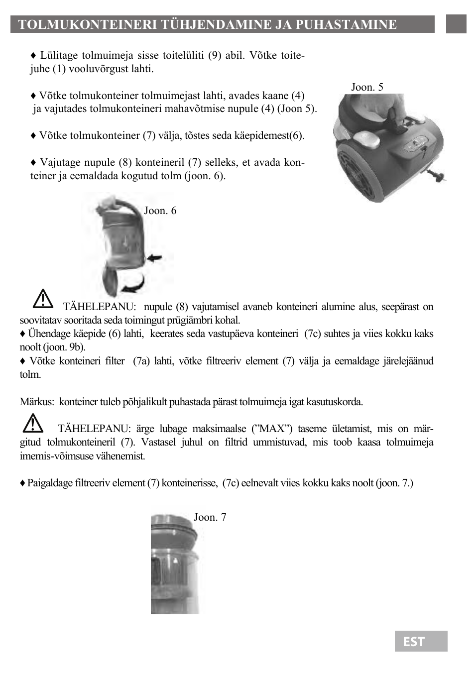 Tolmukonteineri tühjendamine ja puhastamine 5 est | Shivaki SVC-1736R User Manual | Page 6 / 68