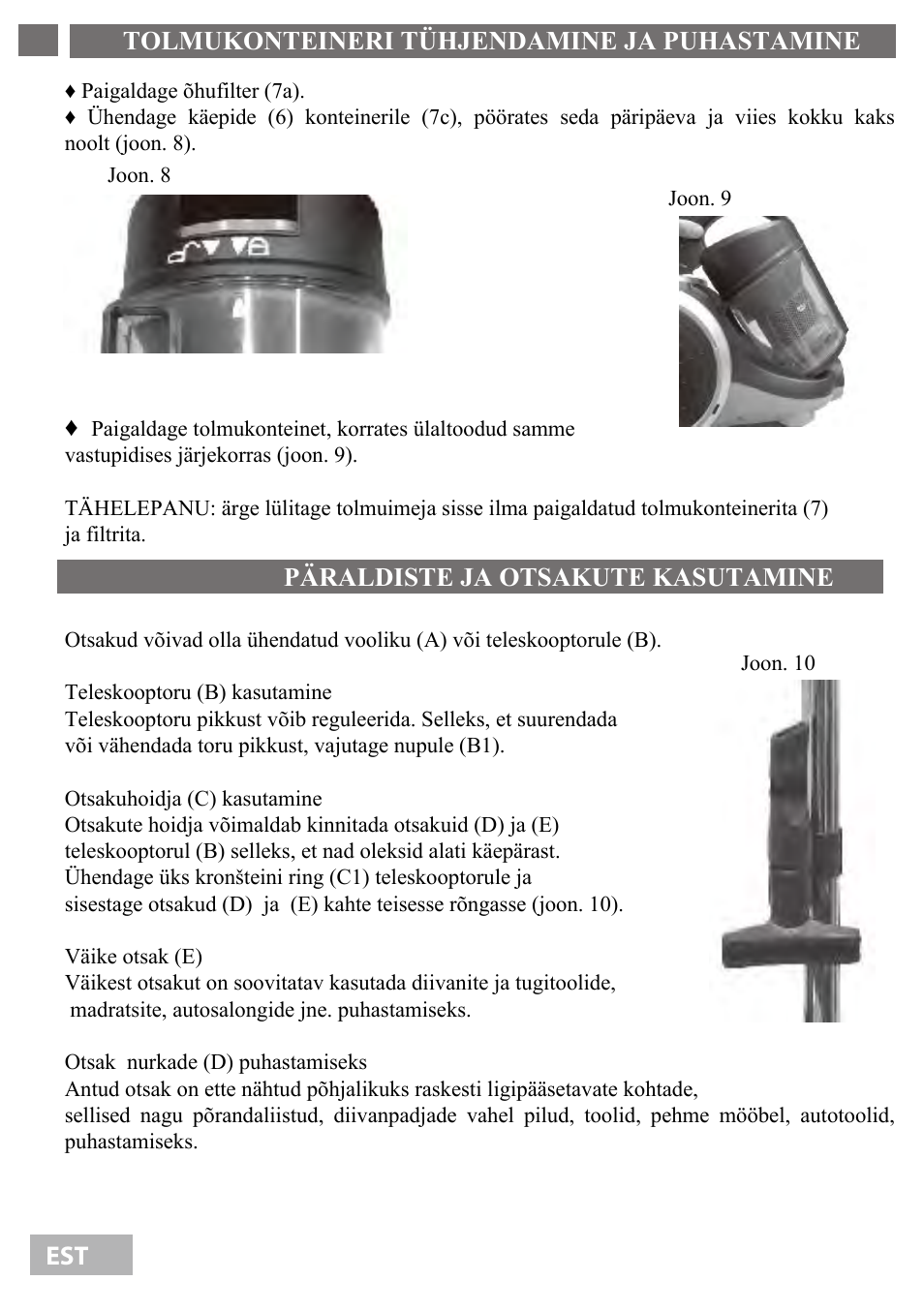 Tolmukonteineri tühjendamine ja puhastamine 6, Päraldiste ja otsakute kasutamine est | Shivaki SVC-1736R User Manual | Page 7 / 68