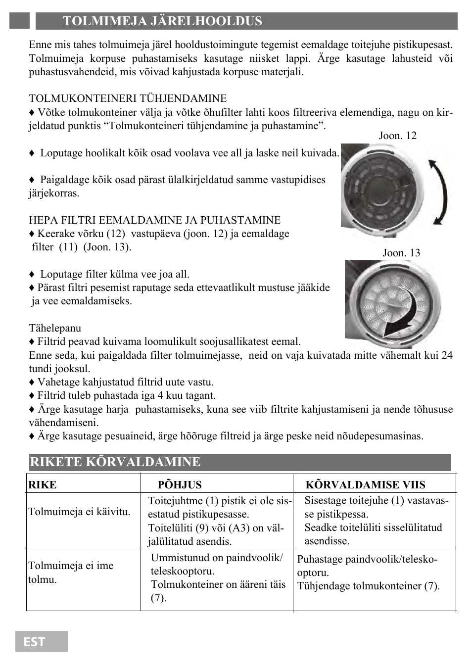 Tolmimeja järelhooldus 8, Rikete kõrvaldamine | Shivaki SVC-1736R User Manual | Page 9 / 68