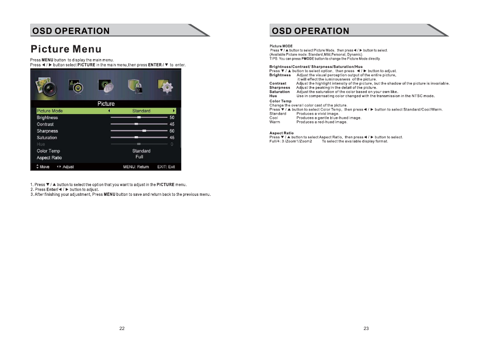 Osd operation | Shivaki STV-24LEDGW9 User Manual | Page 13 / 27