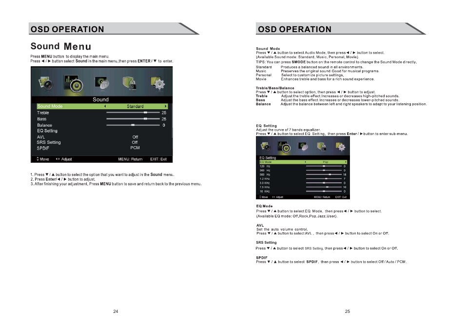 Sound, Osd operation | Shivaki STV-24LEDGW9 User Manual | Page 14 / 27