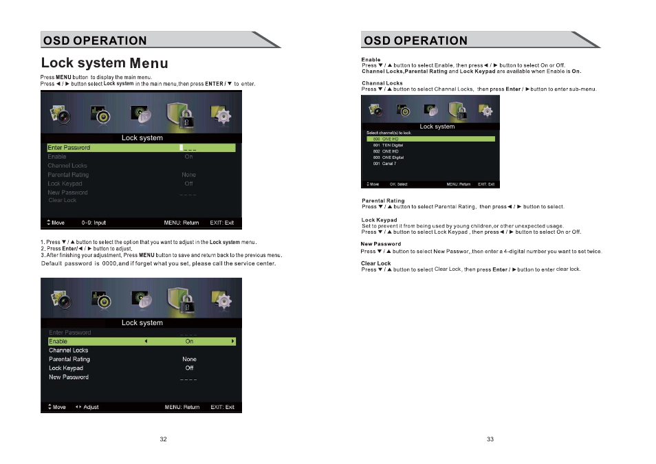 Lock system, Osd operation | Shivaki STV-24LEDGW9 User Manual | Page 18 / 27