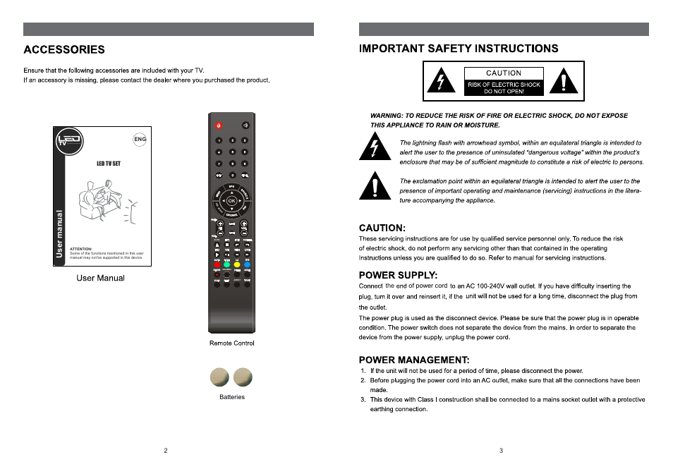 Light-emitting diode television, User manual, The of power cord | Batteries 2 3 | Shivaki STV-24LEDGW9 User Manual | Page 3 / 27
