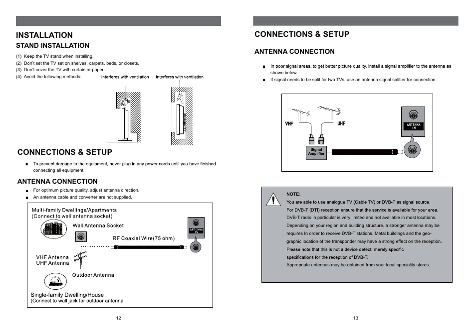 Installation, Connections & setup, Stand installation | Antenna connection | Shivaki STV-24LEDGW9 User Manual | Page 8 / 27