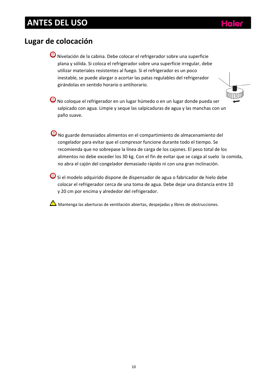 Antes del uso, Lugar de colocación | haier C2FE636CFJ User Manual | Page 104 / 283
