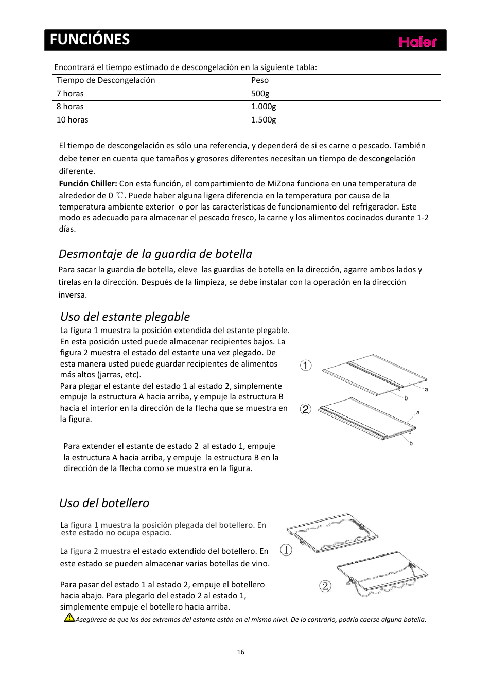 Funciónes, Desmontaje de la guardia de botella, Uso del estante plegable | Uso del botellero | haier C2FE636CFJ User Manual | Page 110 / 283