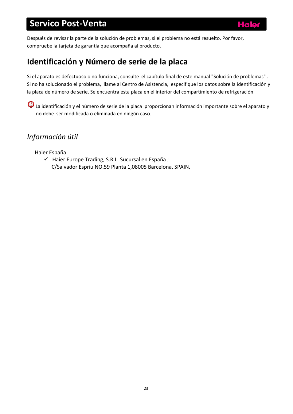 Servico post‐venta, Identificación y número de serie de la placa, Información útil | haier C2FE636CFJ User Manual | Page 117 / 283