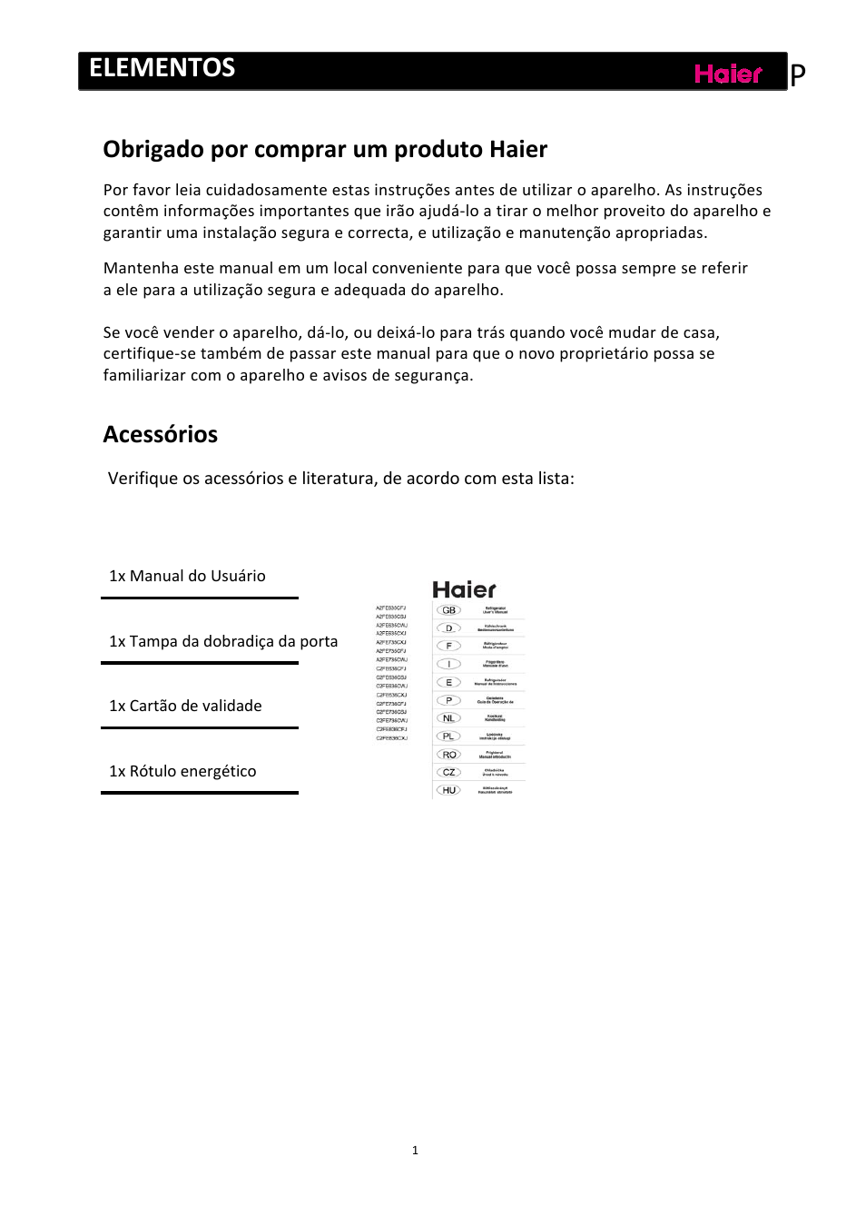 Elementos, Obrigado por comprar um produto haier, Acessórios | haier C2FE636CFJ User Manual | Page 118 / 283