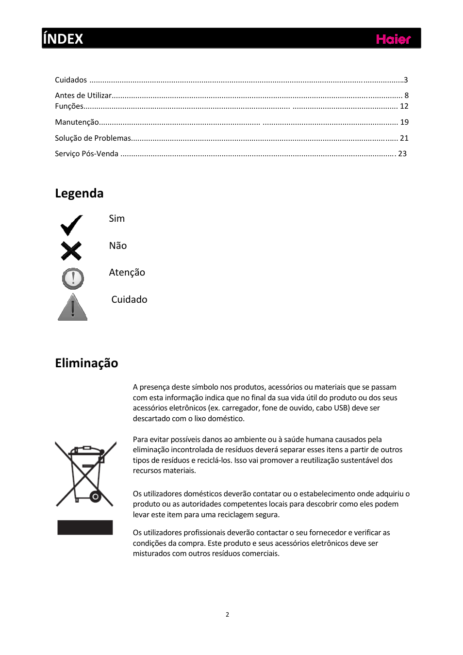 Índex, Legenda, Eliminação | Sim não atenção cuidado | haier C2FE636CFJ User Manual | Page 119 / 283
