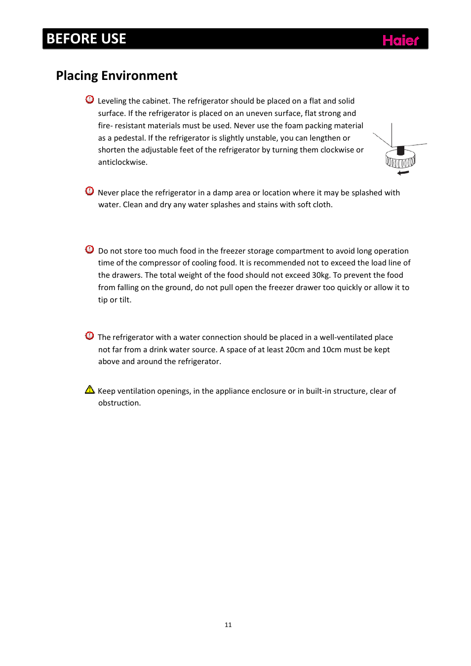 Before use, Placing environment | haier C2FE636CFJ User Manual | Page 12 / 283