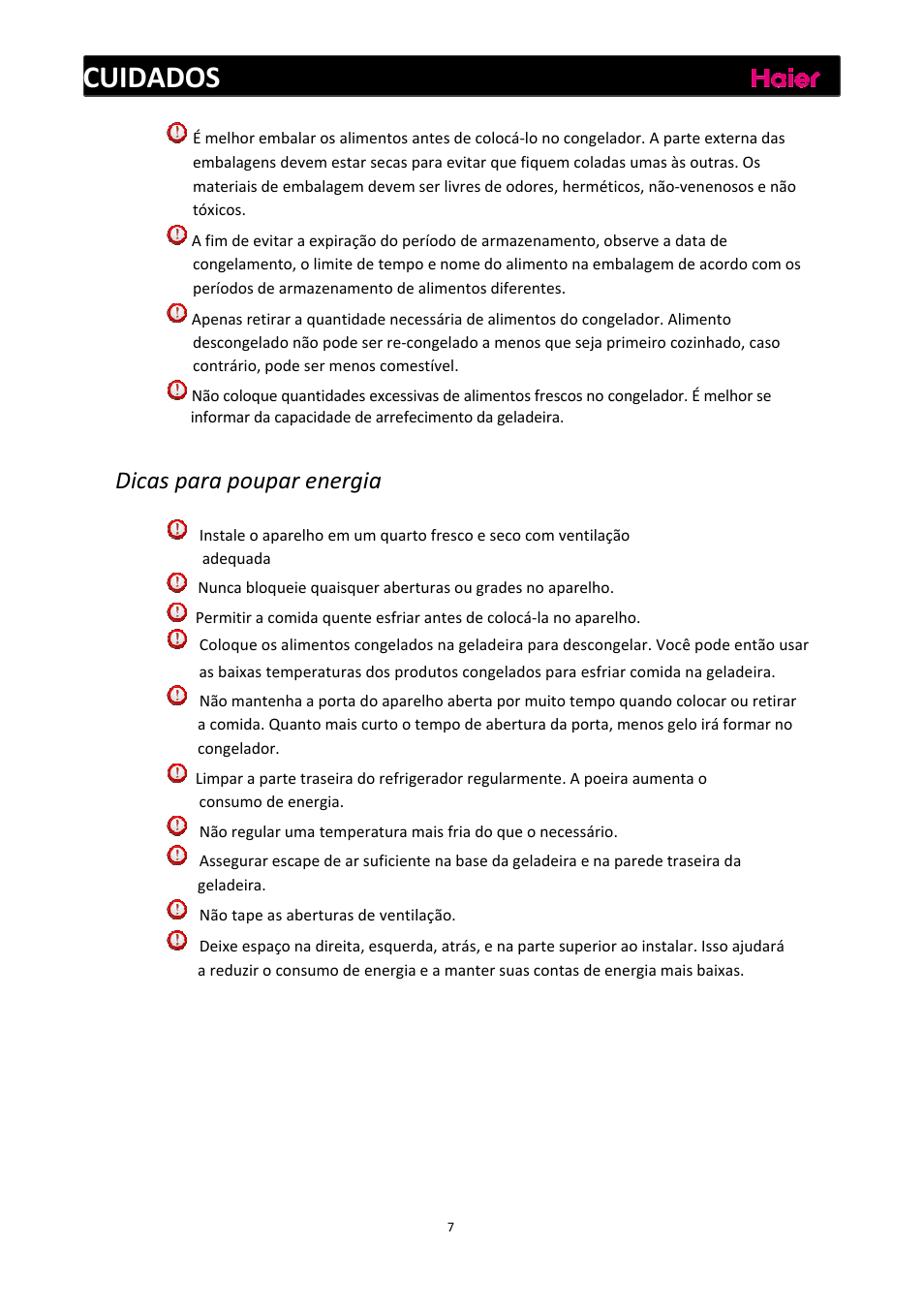 Cuidados, Dicas para poupar energia | haier C2FE636CFJ User Manual | Page 124 / 283