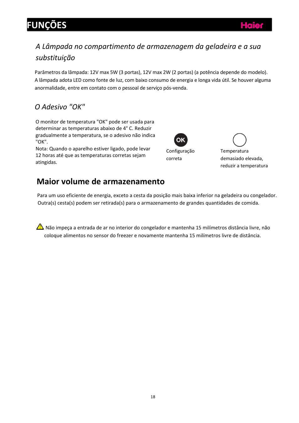 Funções, Maior volume de armazenamento, O adesivo "ok | haier C2FE636CFJ User Manual | Page 135 / 283