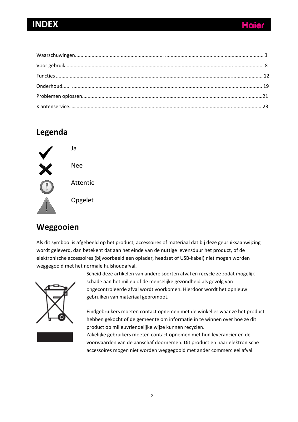 Index, Legenda, Weggooien | Ja nee attentie opgelet | haier C2FE636CFJ User Manual | Page 142 / 283