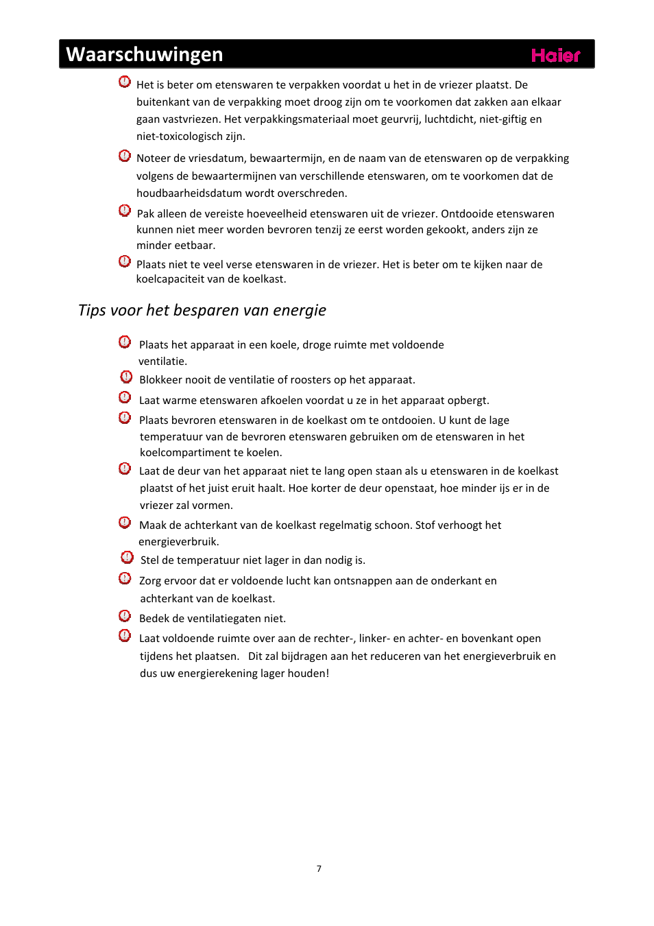 Waarschuwingen, Tips voor het besparen van energie | haier C2FE636CFJ User Manual | Page 147 / 283