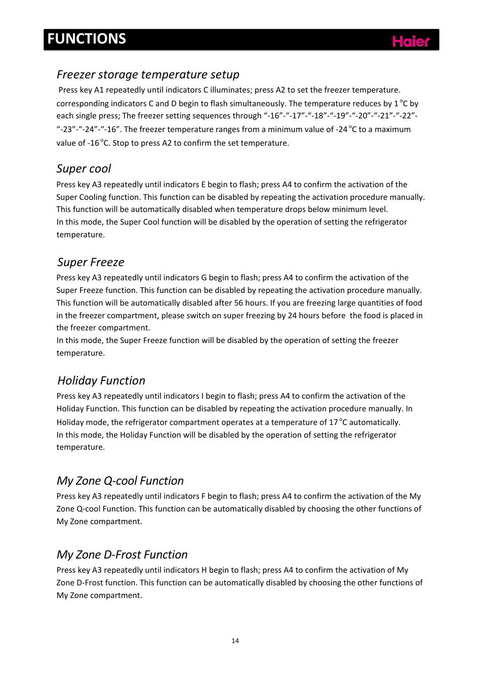 Functions, Freezer storage temperature setup, Super cool | Super freeze, Holiday function, My zone q‐cool function, My zone d‐frost function | haier C2FE636CFJ User Manual | Page 15 / 283