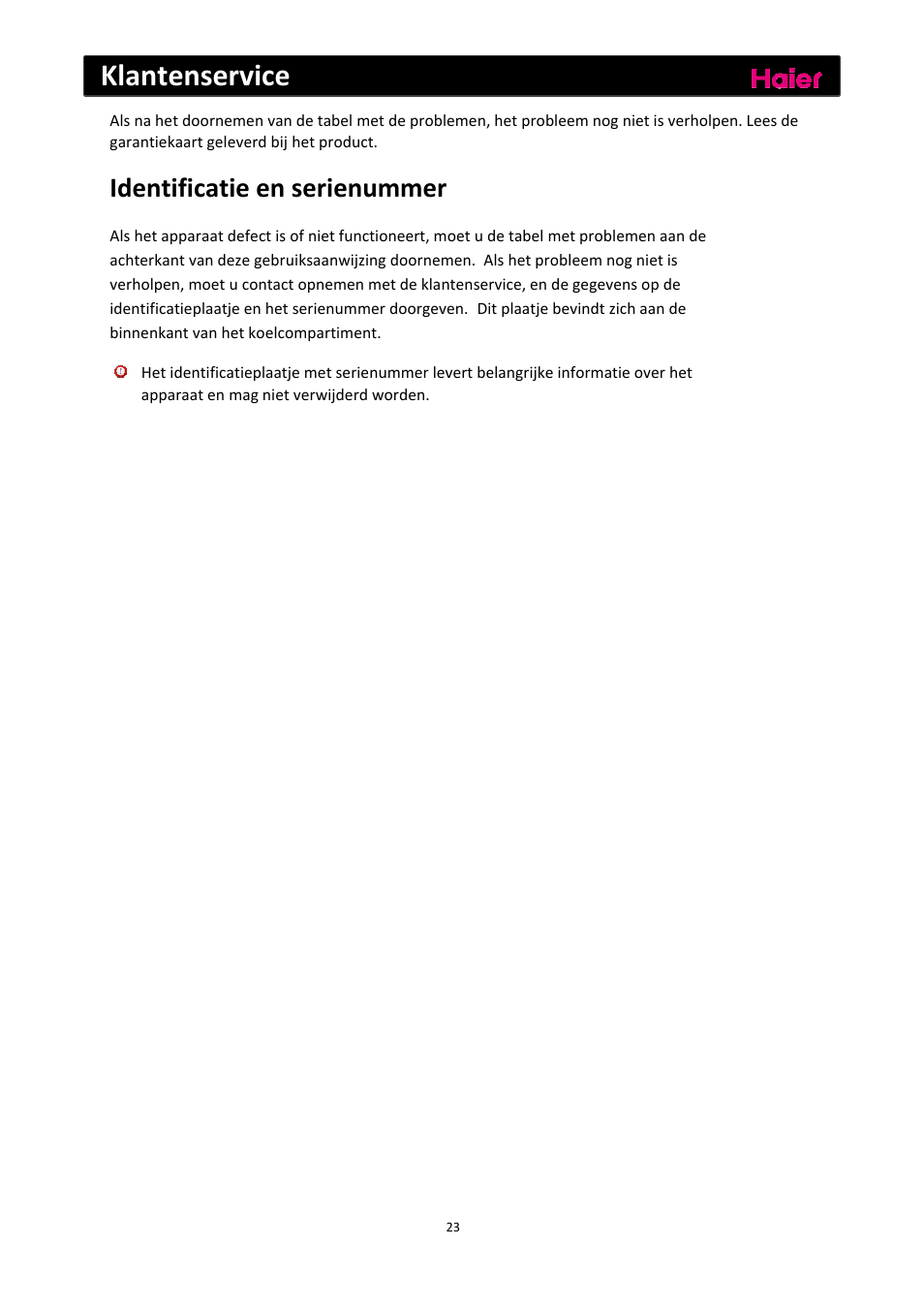 Klantenservice van problemen, Identificatie en serienummer | haier C2FE636CFJ User Manual | Page 163 / 283