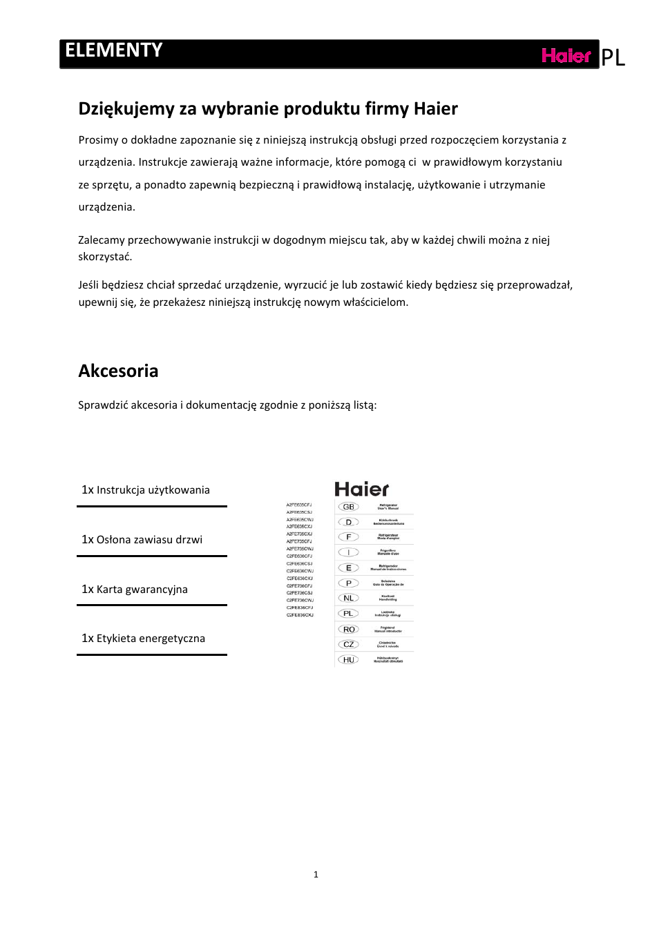 Elementy, Dziękujemy za wybranie produktu firmy haier, Akcesoria | haier C2FE636CFJ User Manual | Page 164 / 283