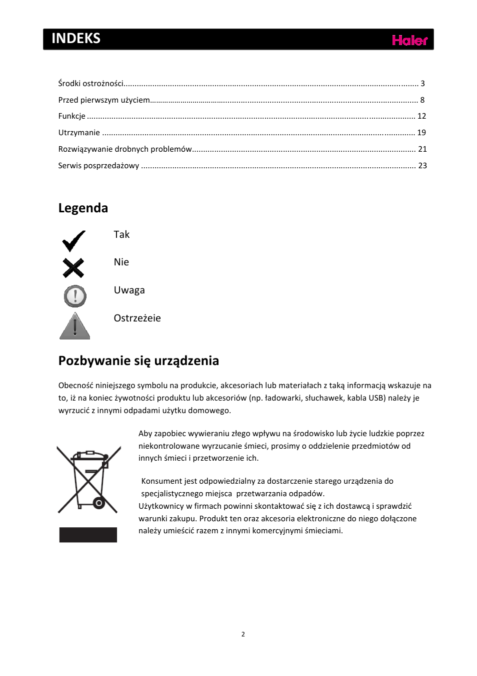 Indeks, Legenda, Pozbywanie się urządzenia | Tak nie uwaga ostrzeżeie | haier C2FE636CFJ User Manual | Page 165 / 283