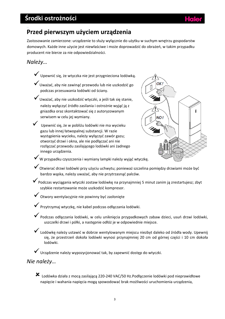 Środki ostrożności, Przed pierwszym użyciem urządzenia, Należy | Nie należy | haier C2FE636CFJ User Manual | Page 166 / 283