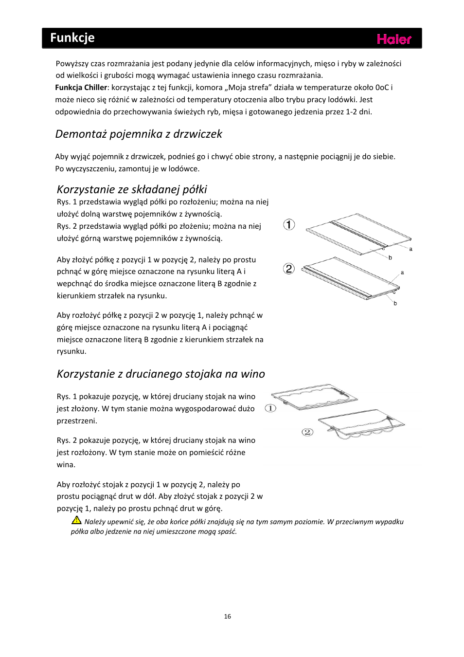Funkcje, Demontaż pojemnika z drzwiczek, Korzystanie ze składanej półki | Korzystanie z drucianego stojaka na wino | haier C2FE636CFJ User Manual | Page 179 / 283