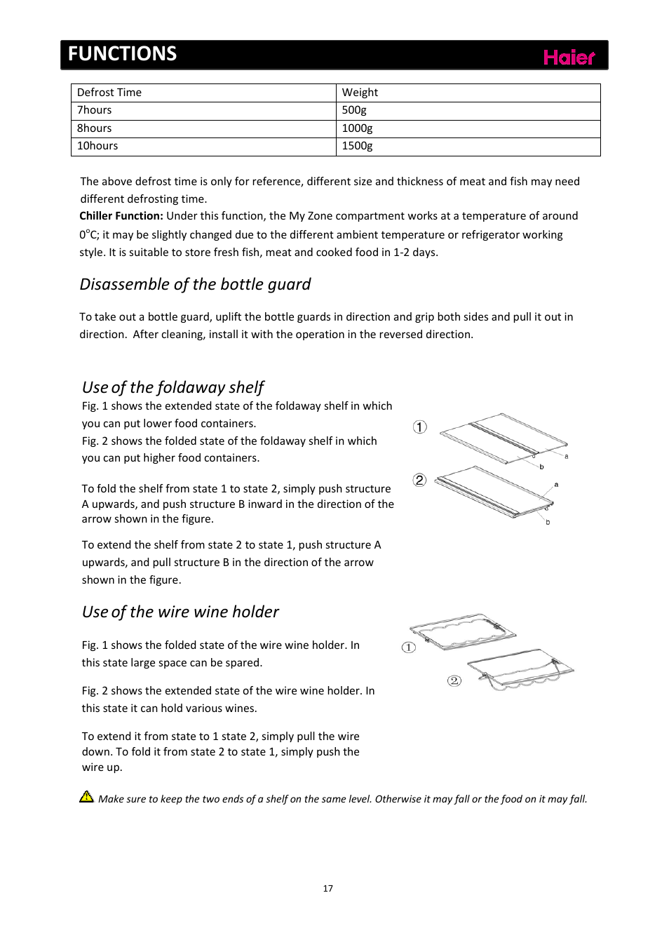 Functions, Disassemble of the bottle guard, Use of the foldaway shelf | Use of the wire wine holder | haier C2FE636CFJ User Manual | Page 18 / 283