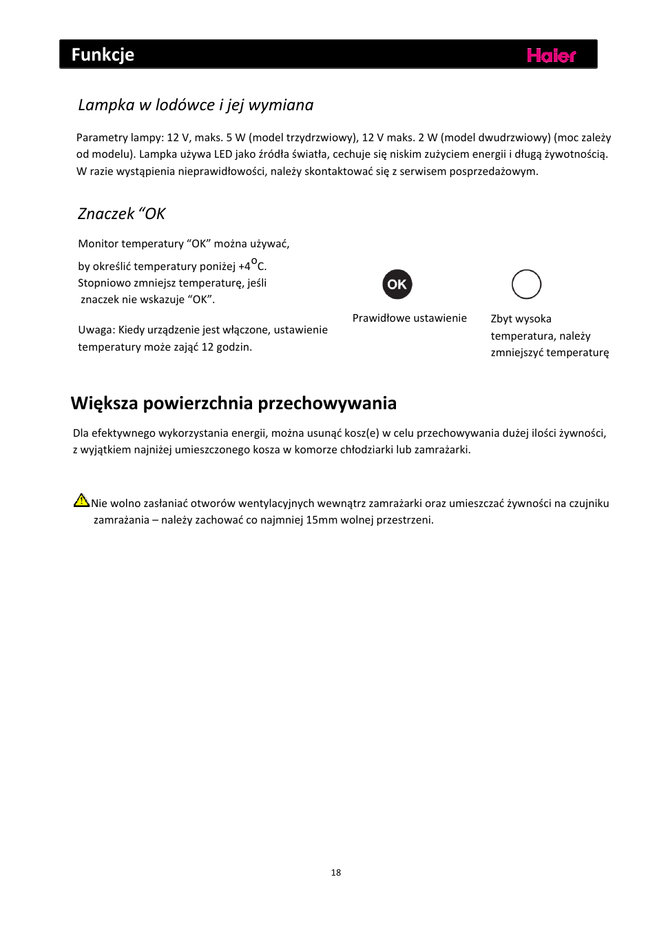 Funkcje, Większa powierzchnia przechowywania, Lampka w lodówce i jej wymiana | Znaczek “ok | haier C2FE636CFJ User Manual | Page 181 / 283