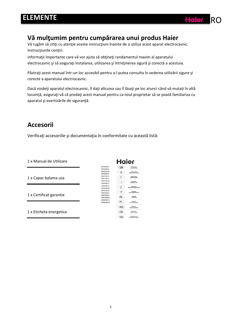 Elemente, Vă mulţumim pentru cumpărarea unui produs haier, Accesorii | haier C2FE636CFJ User Manual | Page 187 / 283