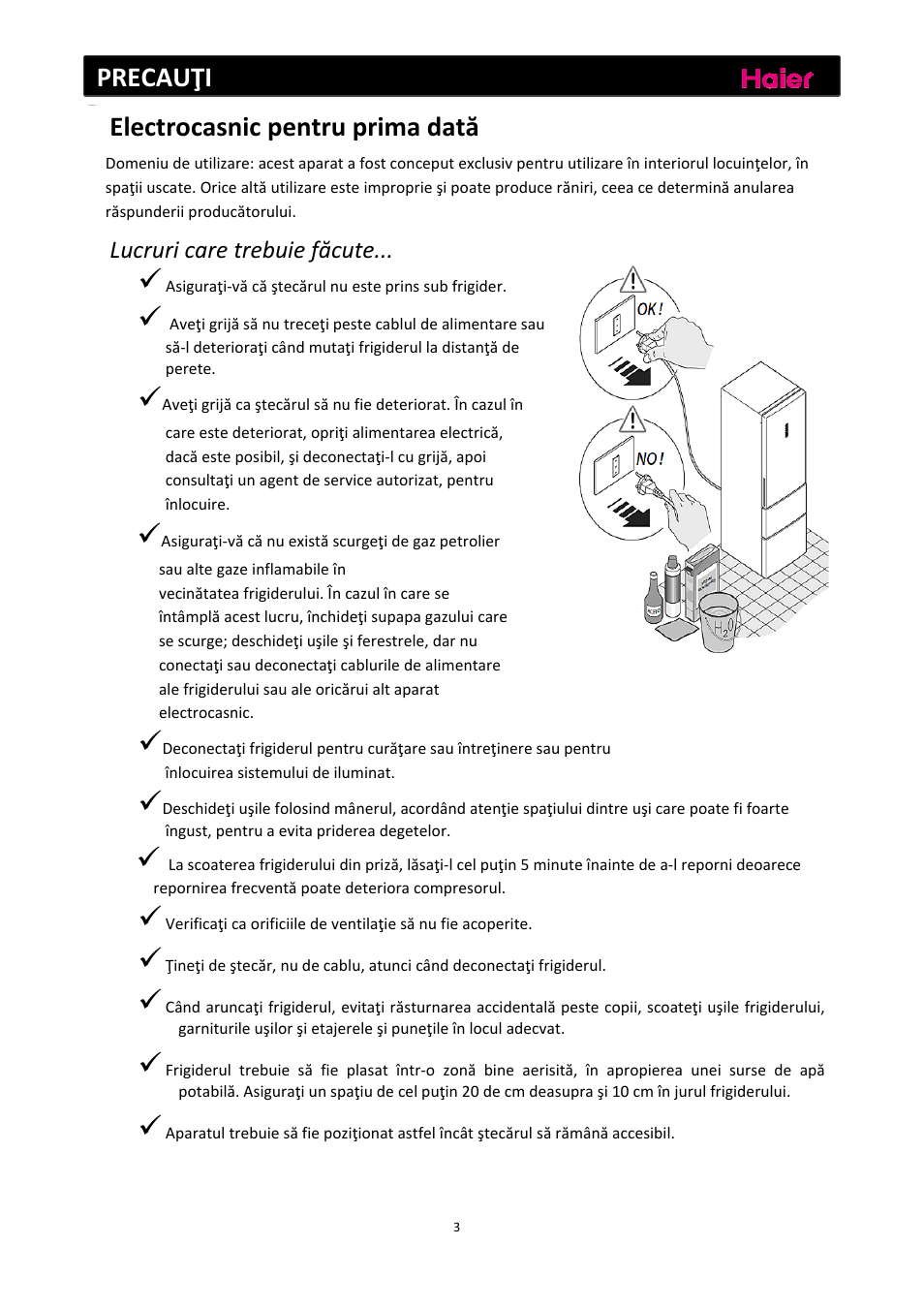 Precauţi, Electrocasnic pentru prima dată | haier C2FE636CFJ User Manual | Page 189 / 283