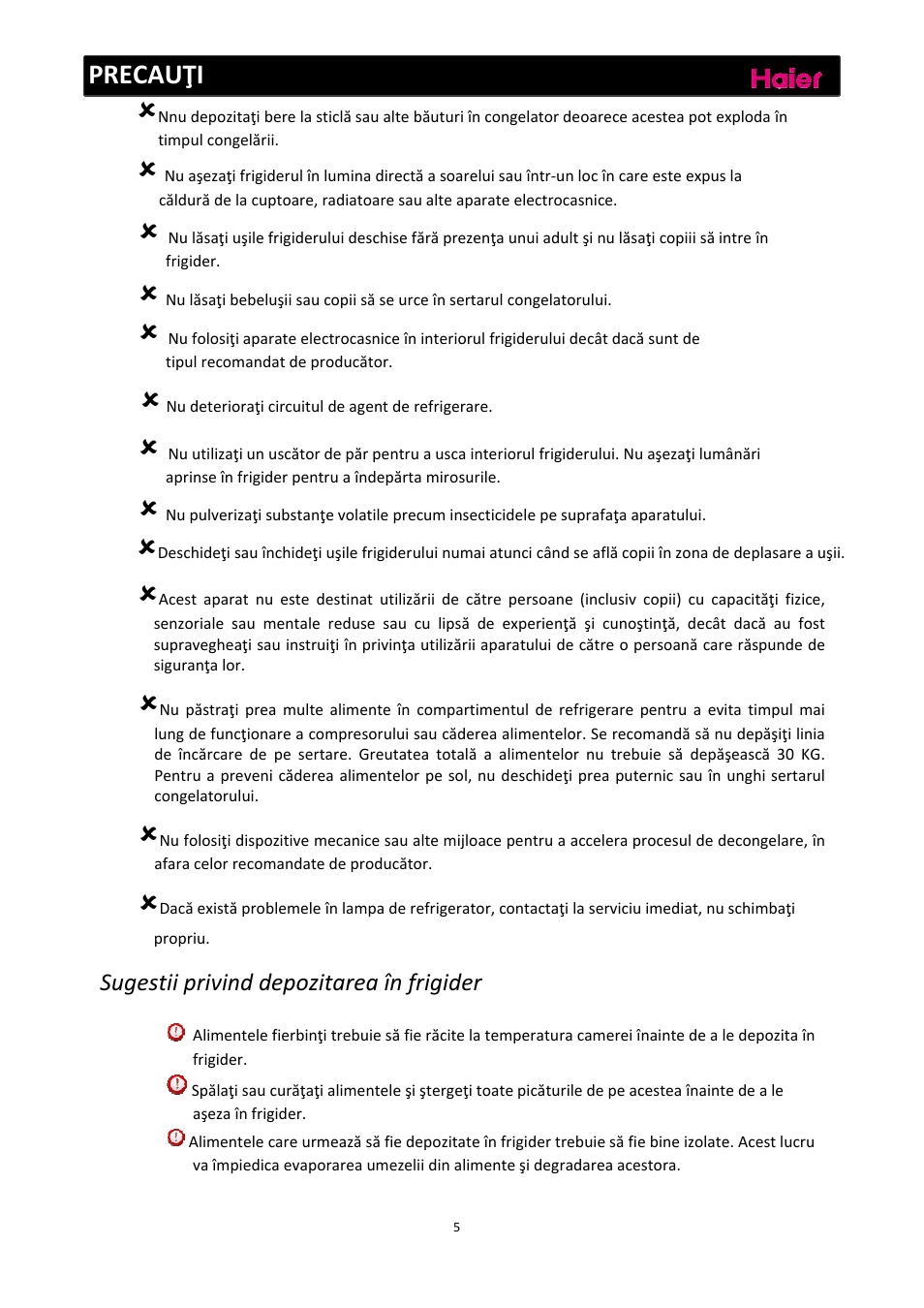 Precauţi | haier C2FE636CFJ User Manual | Page 191 / 283