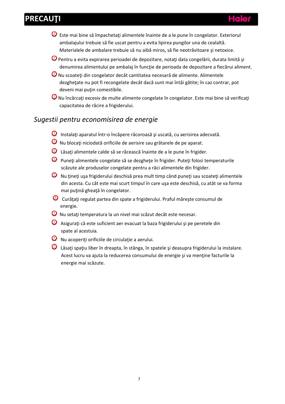Precauţi, Sugestii pentru economisirea de energie | haier C2FE636CFJ User Manual | Page 193 / 283