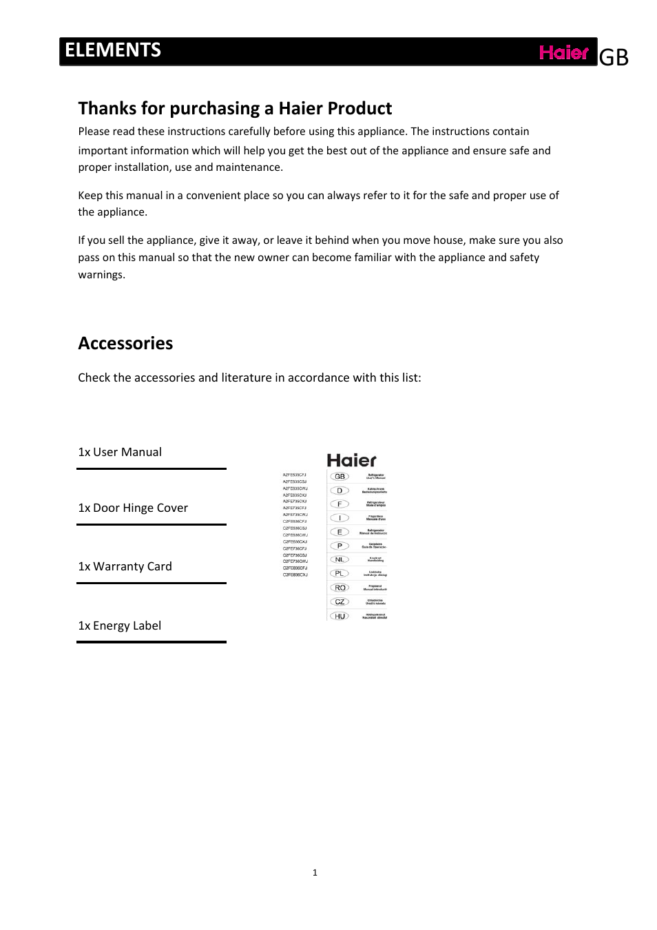 Elements, Accessories | haier C2FE636CFJ User Manual | Page 2 / 283
