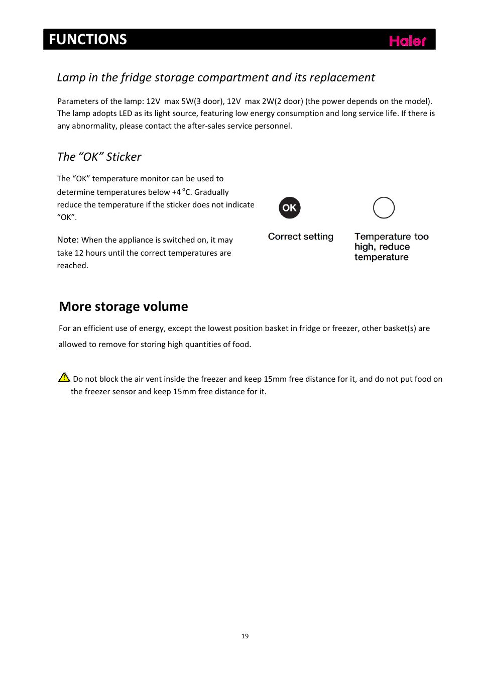 Functions, More storage volume, The “ok” sticker | haier C2FE636CFJ User Manual | Page 20 / 283