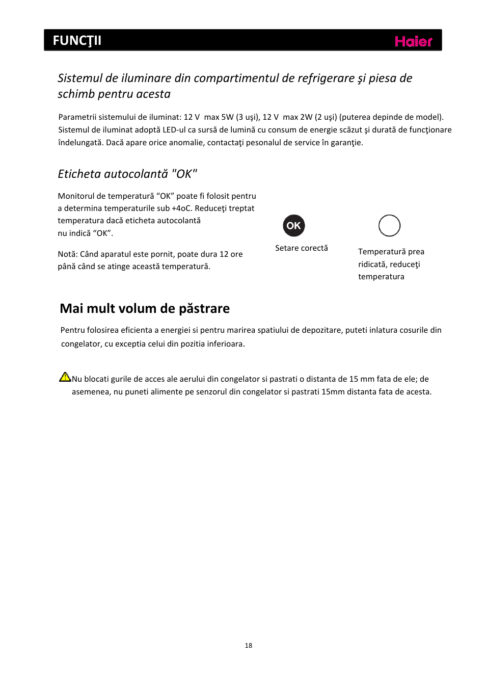 Funcţii, Mai mult volum de păstrare, Eticheta autocolantă "ok | haier C2FE636CFJ User Manual | Page 204 / 283