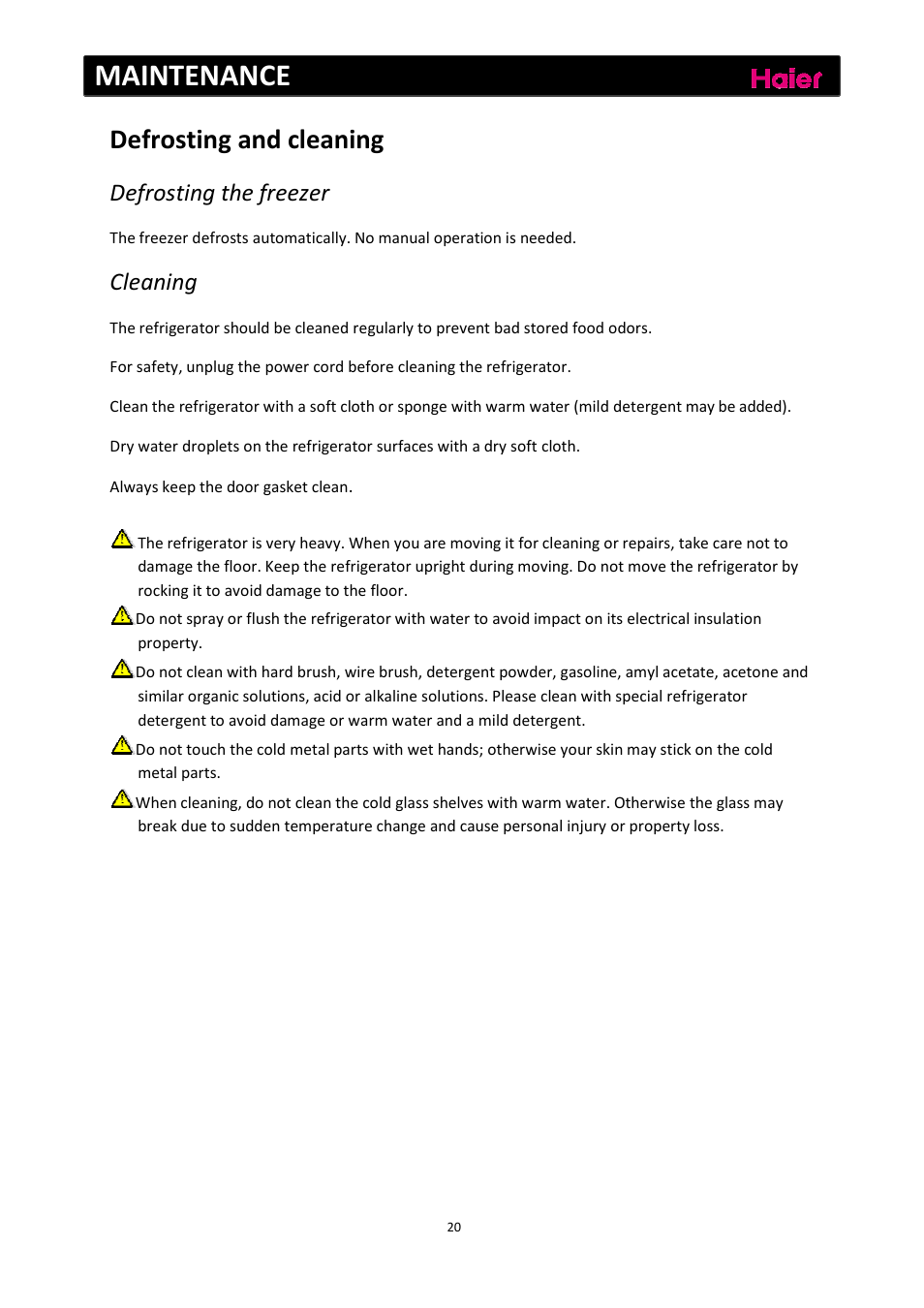 Maintenance, Defrosting and cleaning, Defrosting the freezer | Cleaning | haier C2FE636CFJ User Manual | Page 21 / 283