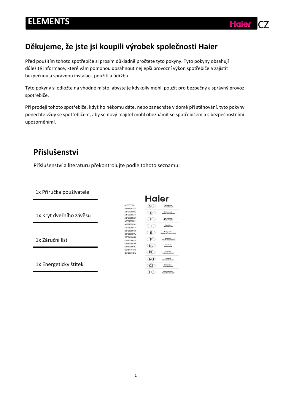 Elements, Příslušenství | haier C2FE636CFJ User Manual | Page 210 / 283
