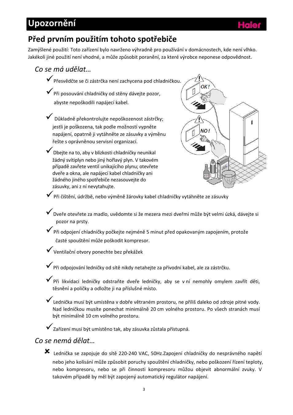 Upozornění, Před prvním použitím tohoto spotřebiče | haier C2FE636CFJ User Manual | Page 212 / 283