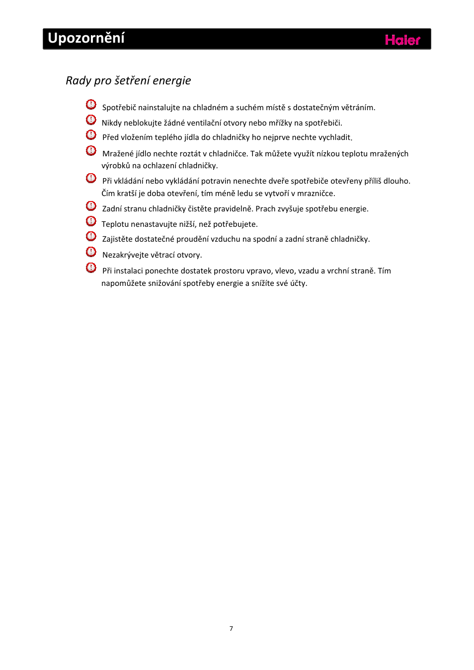 Upozornění, Rady pro šetření energie | haier C2FE636CFJ User Manual | Page 216 / 283