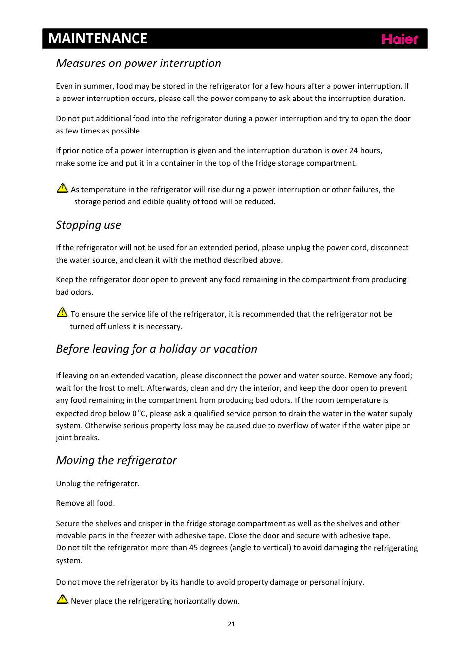 Maintenance, Measures on power interruption, Stopping use | Before leaving for a holiday or vacation, Moving the refrigerator | haier C2FE636CFJ User Manual | Page 22 / 283