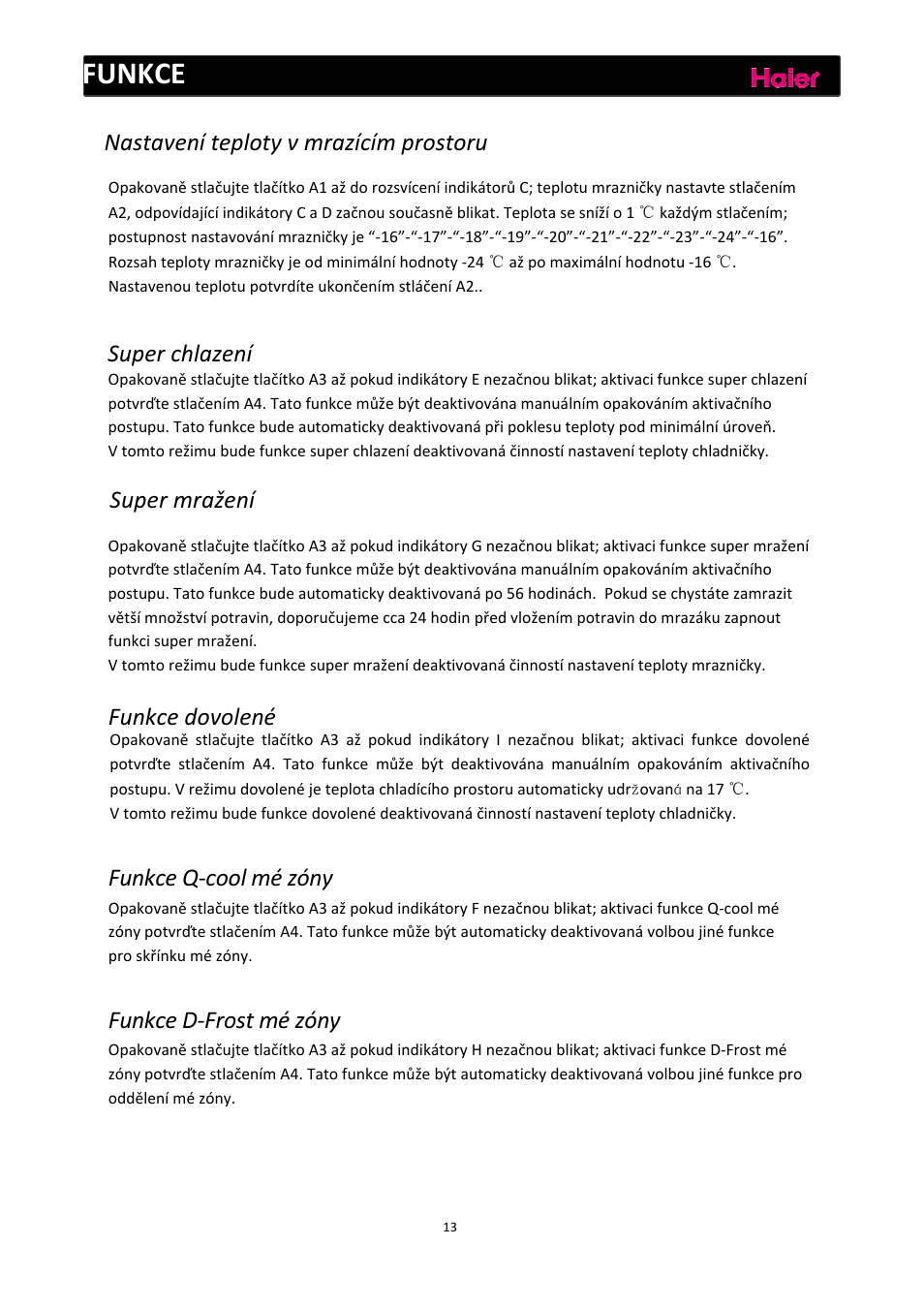 Funkce | haier C2FE636CFJ User Manual | Page 222 / 283