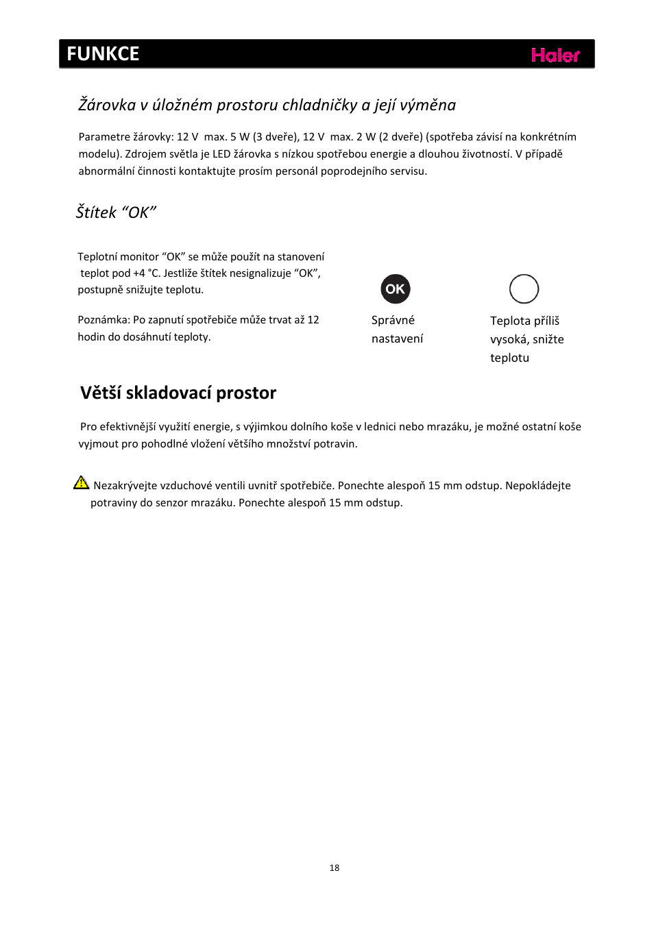 Funkce, Větší skladovací prostor, Štítek “ok | haier C2FE636CFJ User Manual | Page 227 / 283